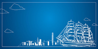 蓝色简约帆船城市剪影云朵世界航海日展板背景世界海航日背景